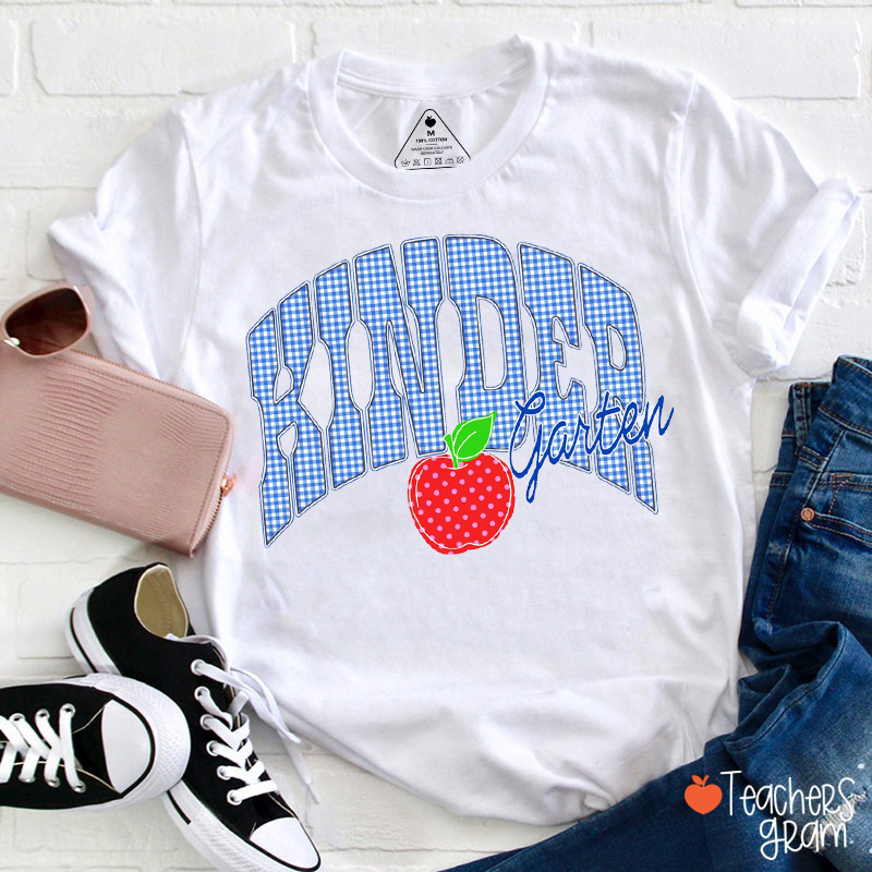 Personalized Grade Blue Gingham Apple Teacher T-Shirt
