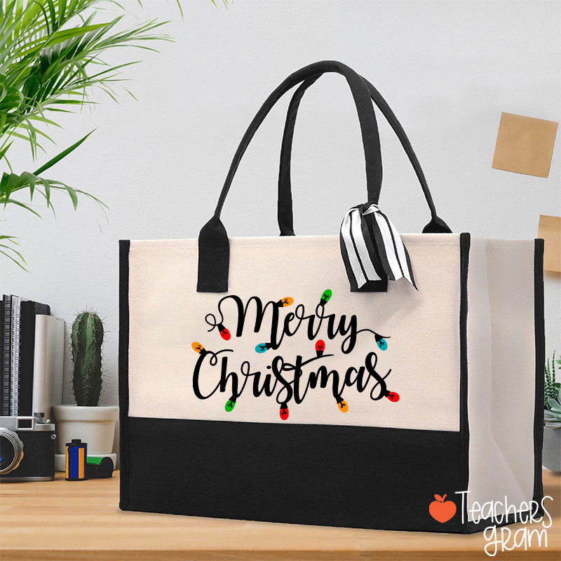 Merry Christmas Colorful Lights Teacher Cotton Tote Bag