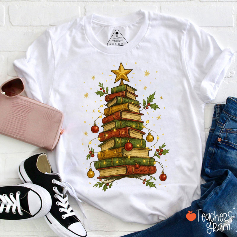 Christmas Book Tree Teacher T-Shirt