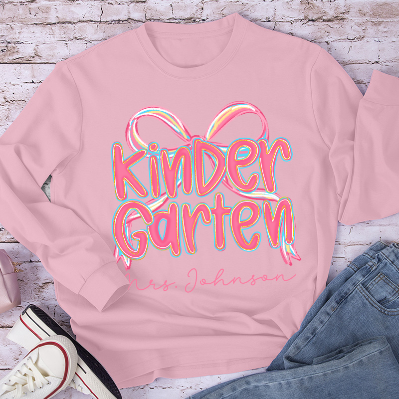 Personalized Grade Pink Bow Teacher Long Sleeve T-Shirt