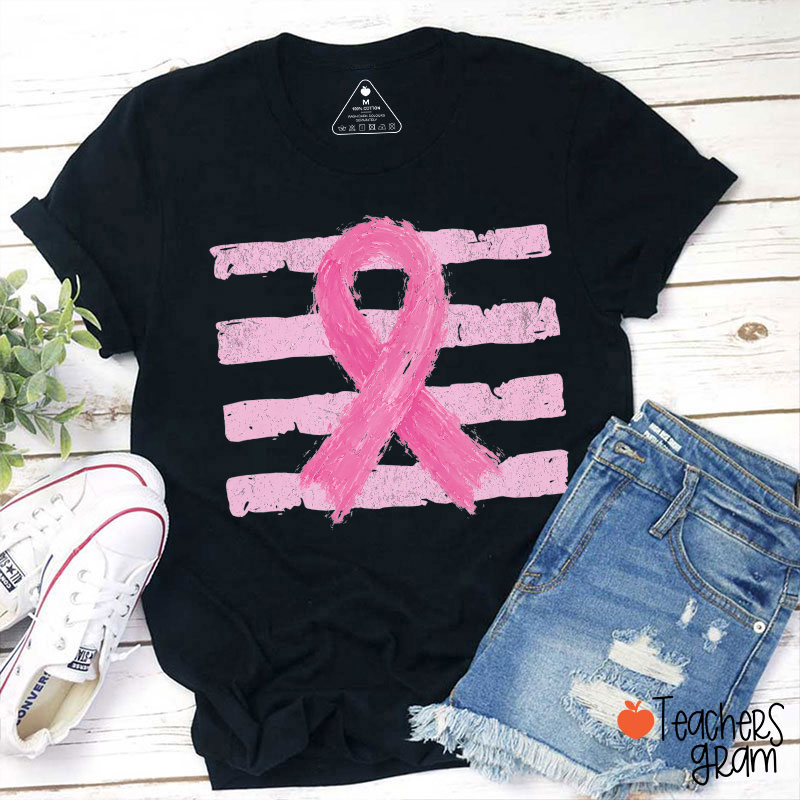 Pink Ribbon Distressed Flag Teacher T‑Shirt