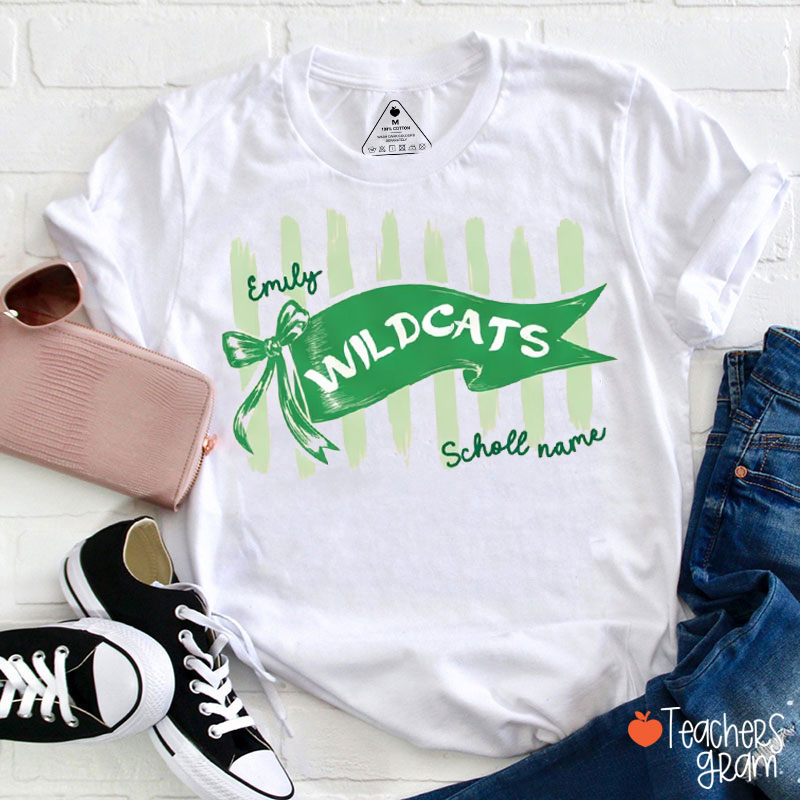 Personalized Mascot Pennant Bow Vertical Stripe Teacher T-Shirt