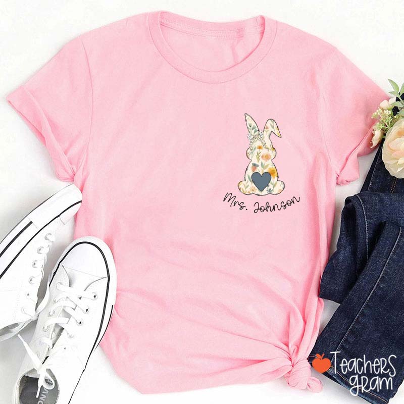 Personalized Floral Bunny Easter Teacher T-Shirt
