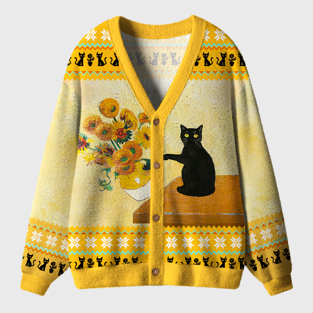 Black Cat And Sunflower Opps Teacher Ugly Cardigan Sweaters