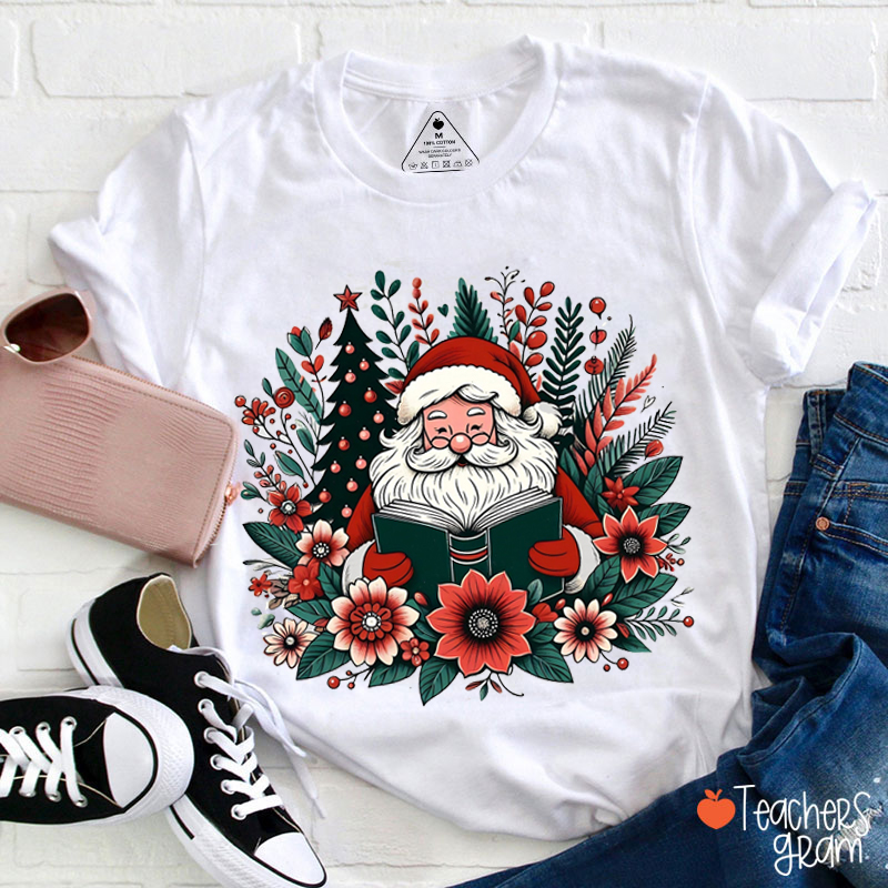 Flower Reading Santa Claus Teacher T-Shirt