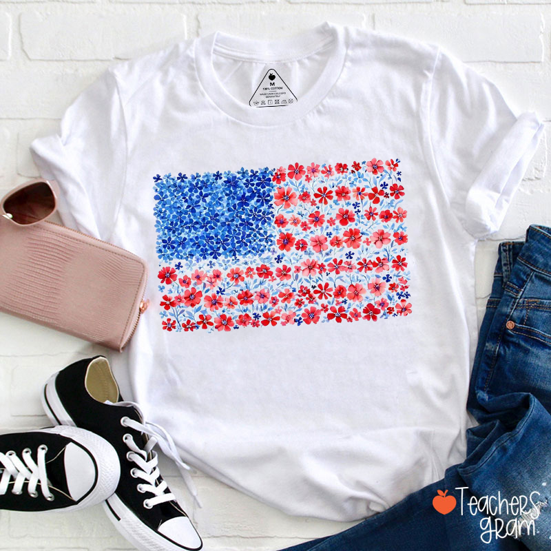 Floral American Flag Teacher T-Shirt