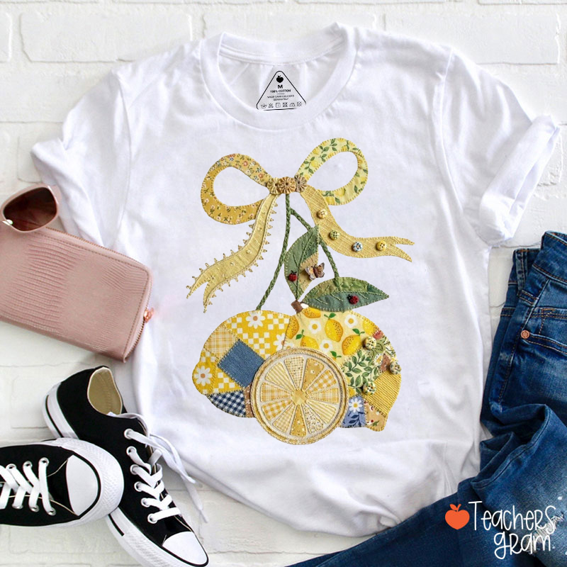 Faux Patchwork Lemon Bow Teacher T-Shirt