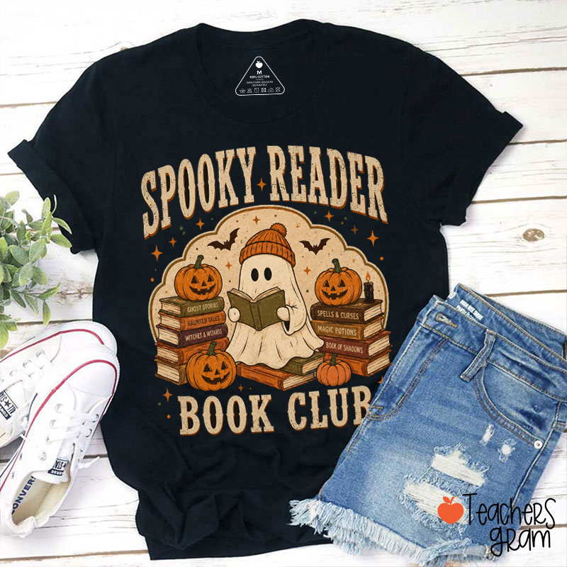 Spooky Reader Book Club Ghost Reading Pumpkin Bat Teacher T‑Shirt