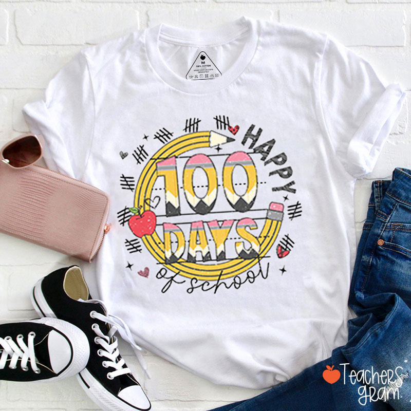 Happy 100 Days Pencil Apple Teacher T-Shirt