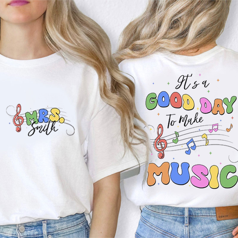 Personalized Music Teacher's Name Colorful Musical Note Icon Teacher Two Sided T-Shirt