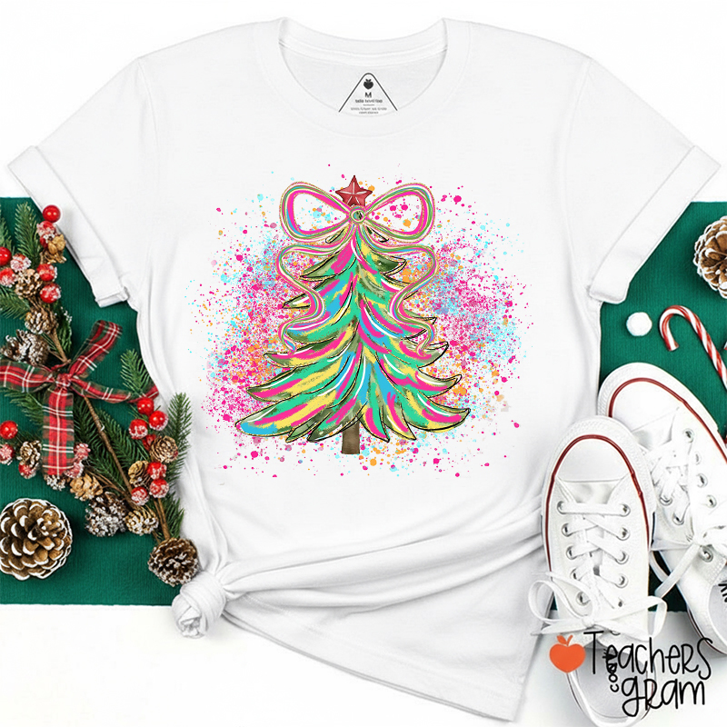 Colorful Coquette Christmas Tree Teacher T-Shirt