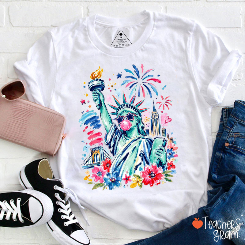 Preppy Brushstroke Statue Of Liberty Teacher T-Shirt
