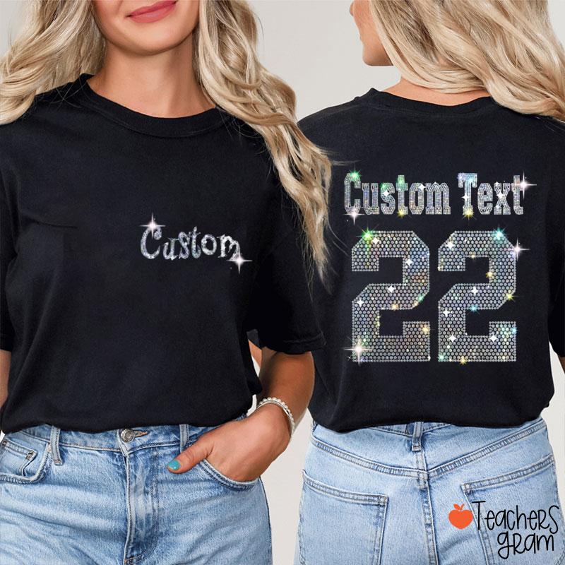 Personalized Sport Glitter Print Text Number Teacher Two Sided T‑Shirt