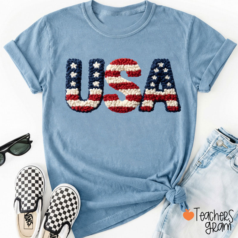 Faux Embroidery USA Happy The Fourth Of July Teacher T-Shirt