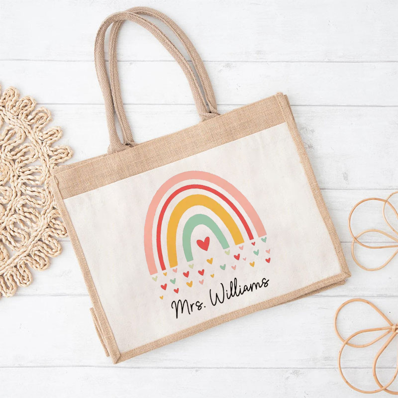 Personalized Name Rainbow Heart Teacher Jute Lunch Bag
