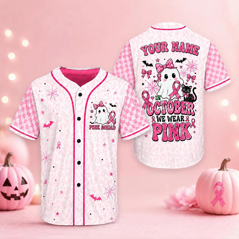 Personalized Name In October We Wear Pink Ghost Teacher Baseball Jersey