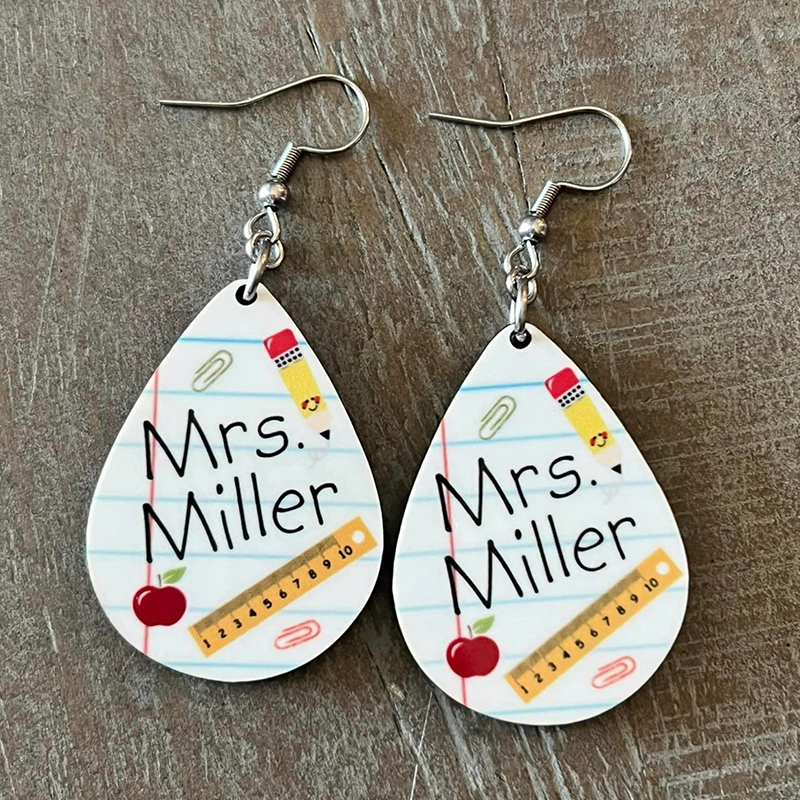 Personalized Name Notebook Pencil Teacher Wooden Earrings