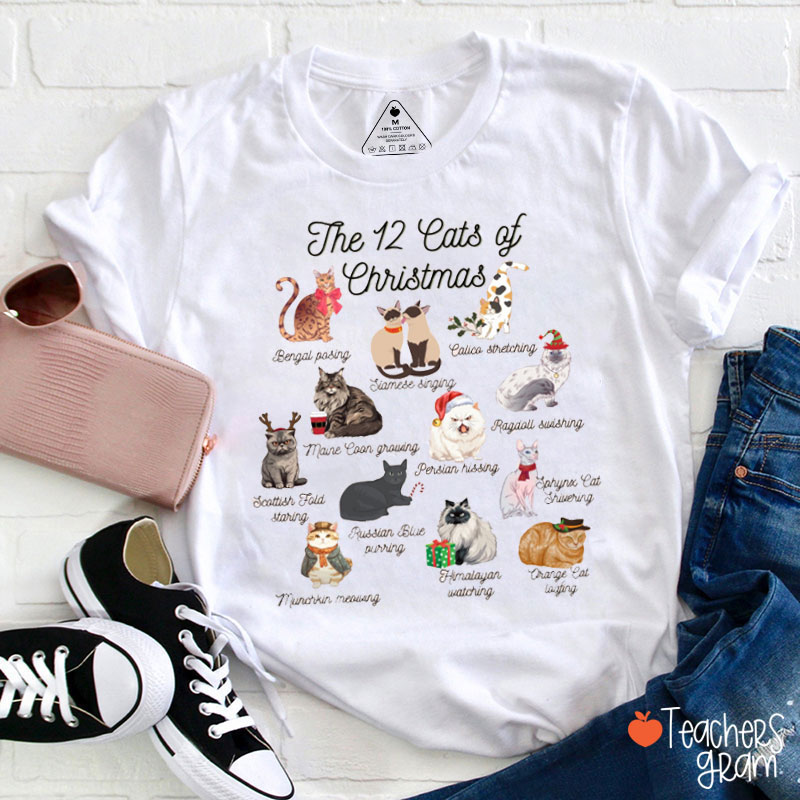 The 12 Cats Of Christmas Teacher T-Shirt