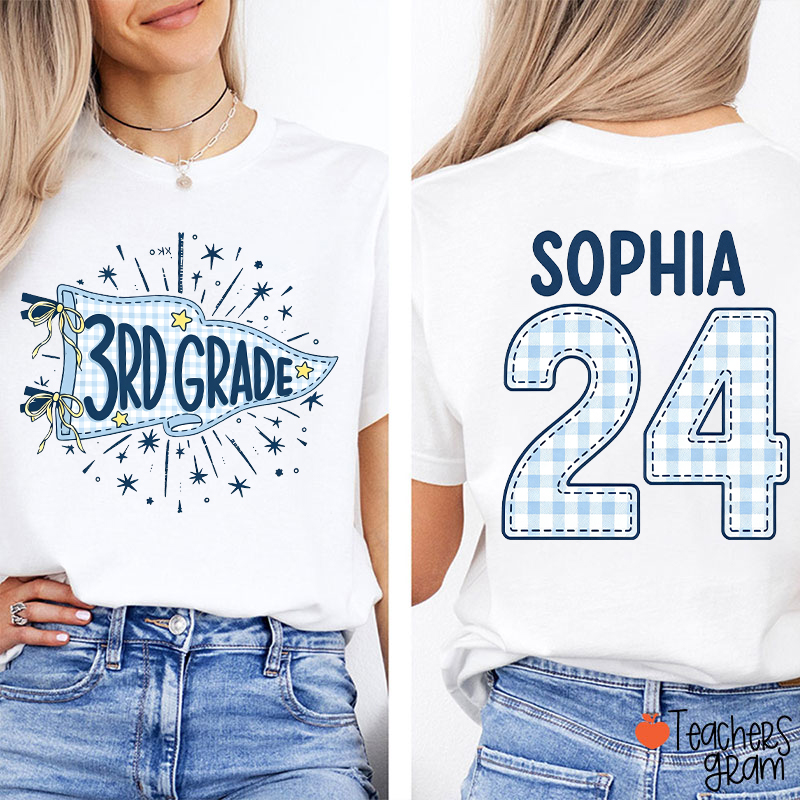 Personalized Grade Name Gingham Pennant Star Front And Back Teacher Two Sided T-Shirt
