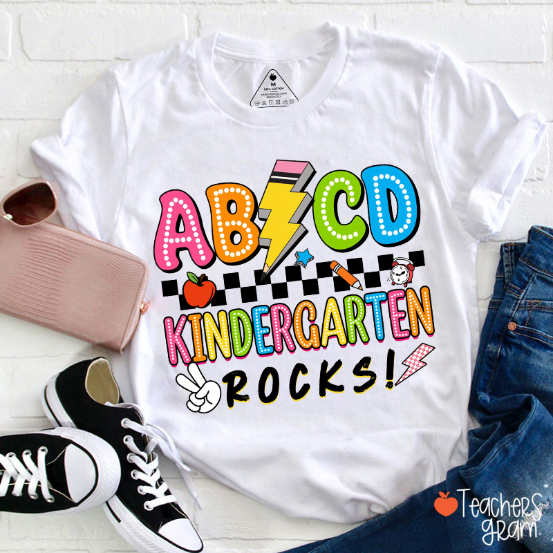 Personalized Grade Rock Checkerboard Lightning Pencil Teacher T-Shirt