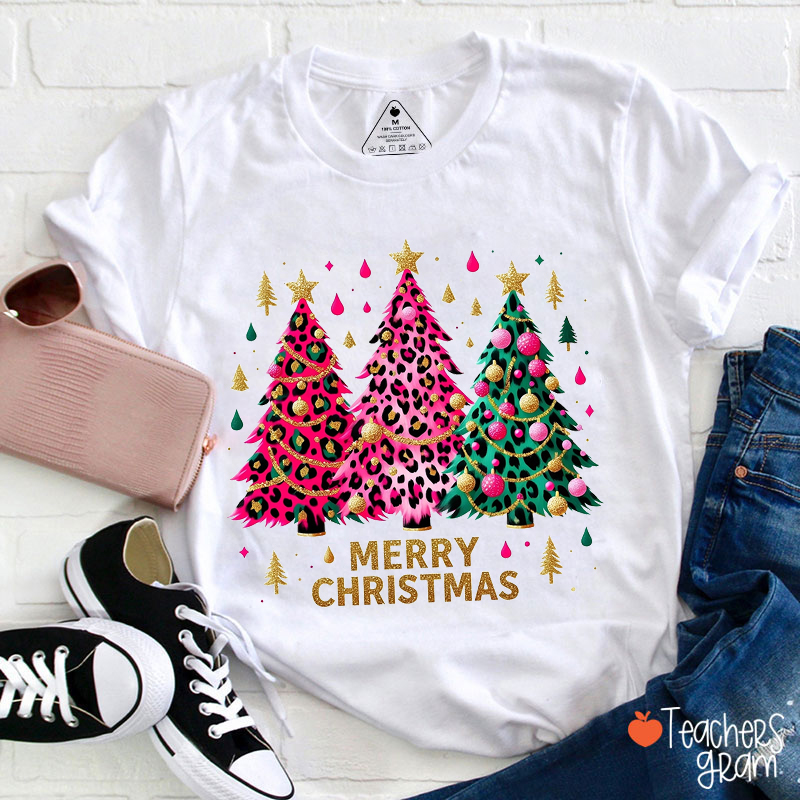 Leopard Print Christmas Tree Teacher T-Shirt
