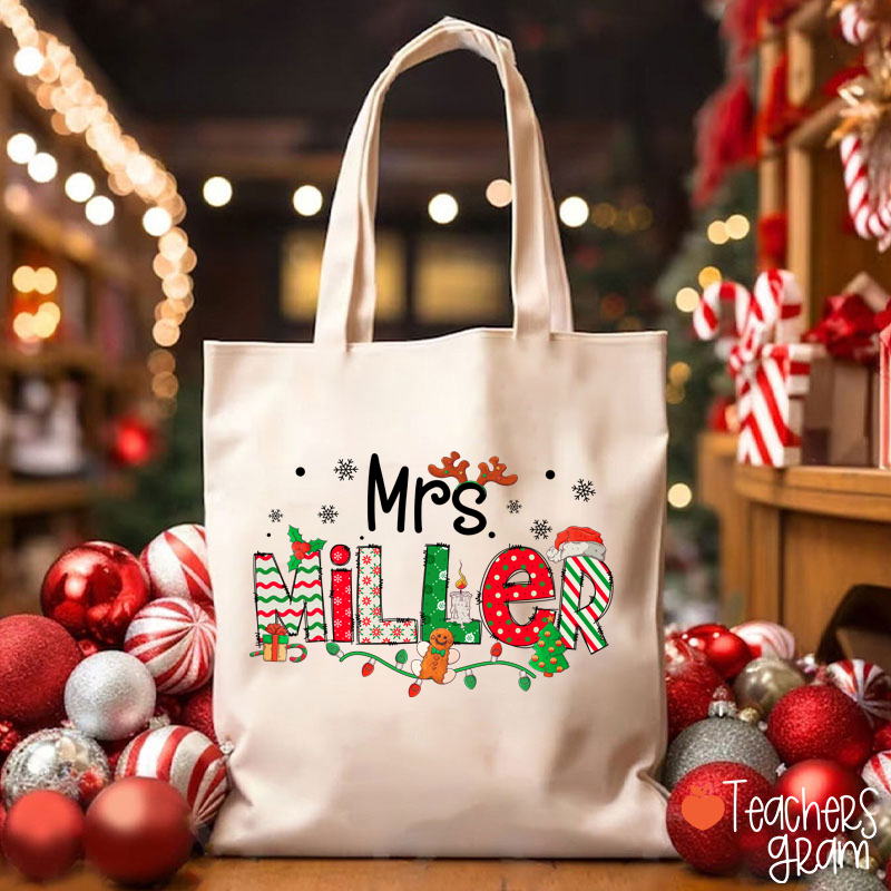 Personalized Teacher Name Christmas Teacher Tote Bag