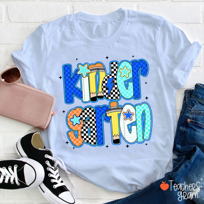 Personalized Grade Checkerboard Pencil Fonts Teacher T-Shirt