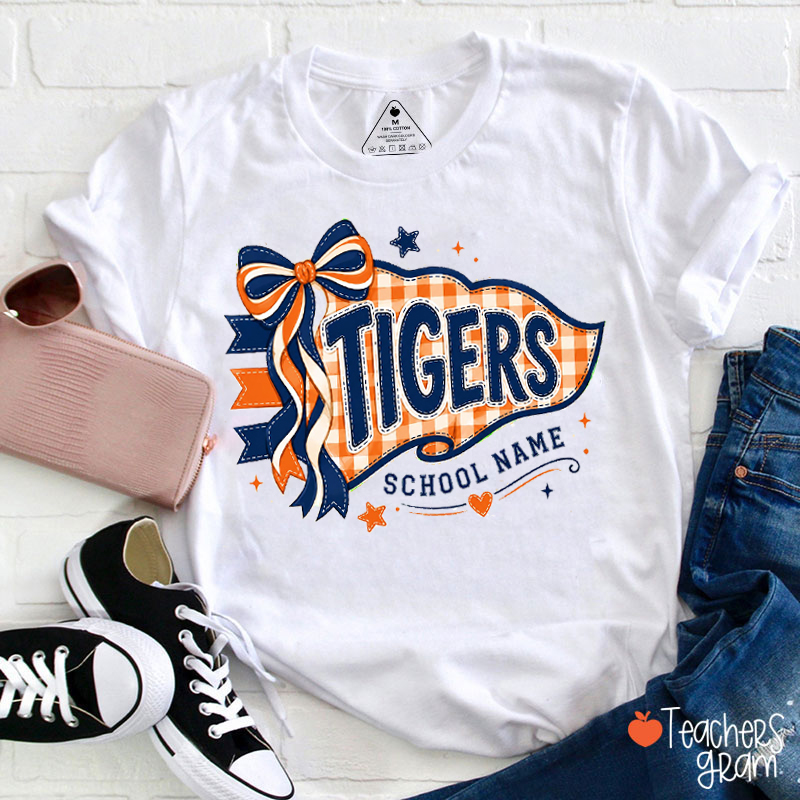 Personalized Mascot School Name Bow Checkered Pennant Teacher T-Shirt
