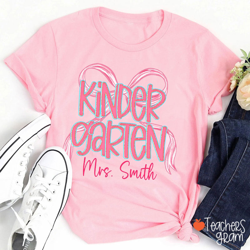 Personalized Name And Grade Colorful Bows Teacher T-Shirt