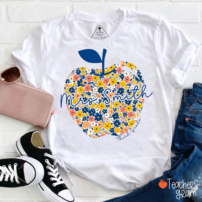 Personalized Name And Grade Floral Apple Teacher T-Shirt
