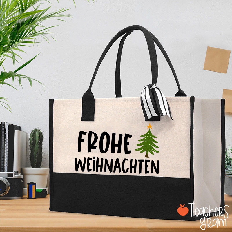 Frohe Weihnachten Christmas Tree German Teacher Cotton Tote Bag