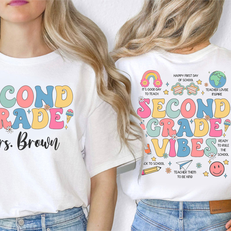 Personalized Teacher's Name And Grade Cute Icon Teacher Two Sided T-Shirt