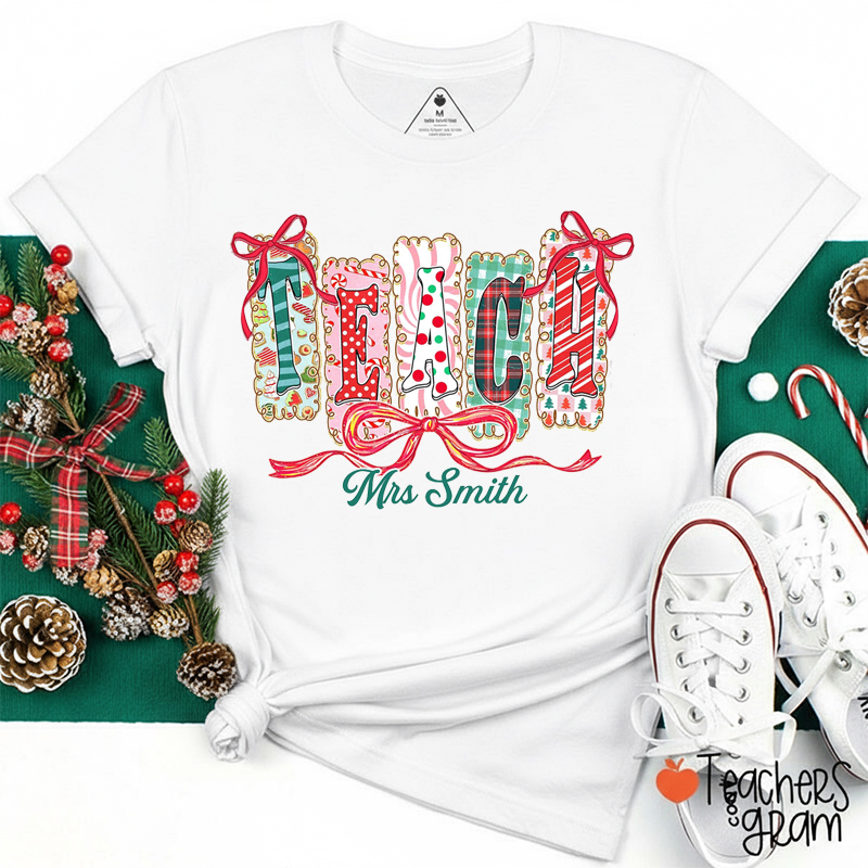 Personalized Name Preppy Coquette Bow Christmas Teacher T-Shirt