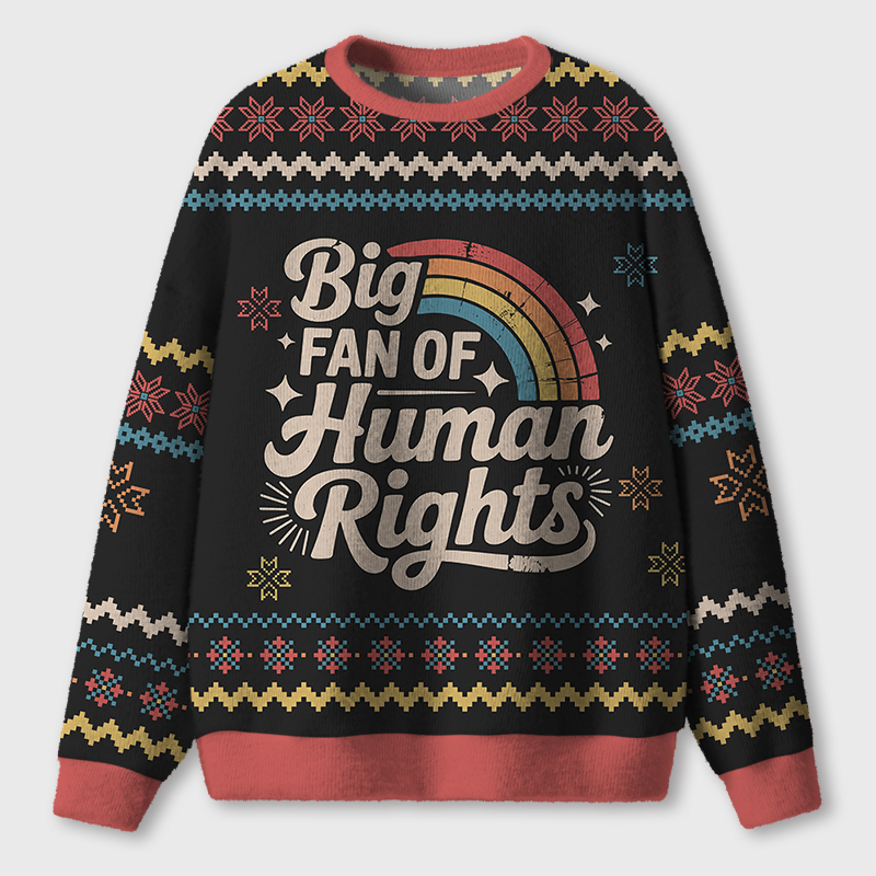 Retro Style Big Fan Of Human Rights Teacher Ugly Fluffy Christmas Sweater