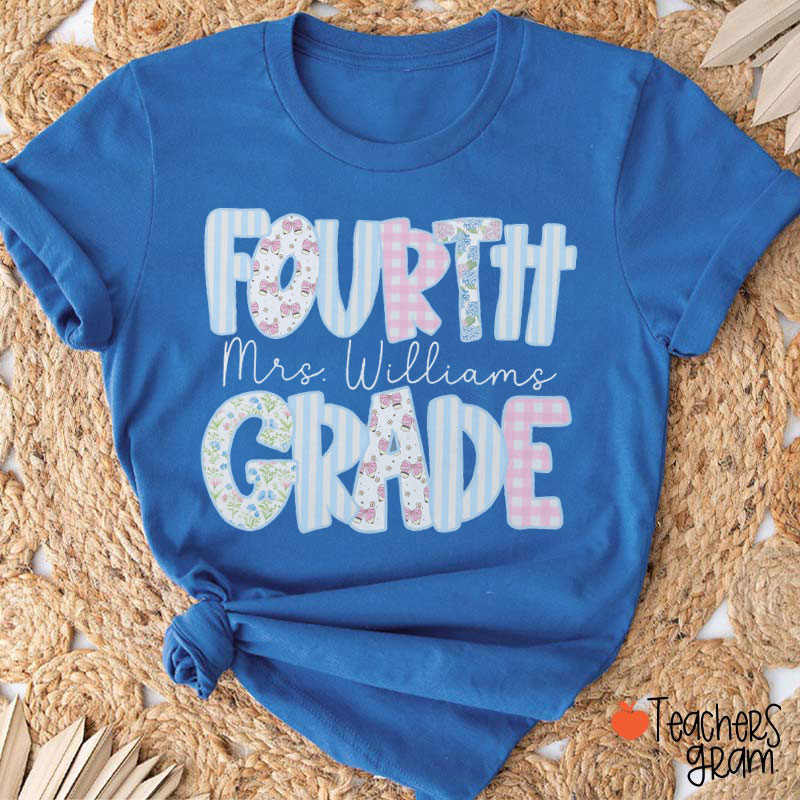Personalized Grade Blue Stripe Gingham Floral Bow Teacher T-Shirt