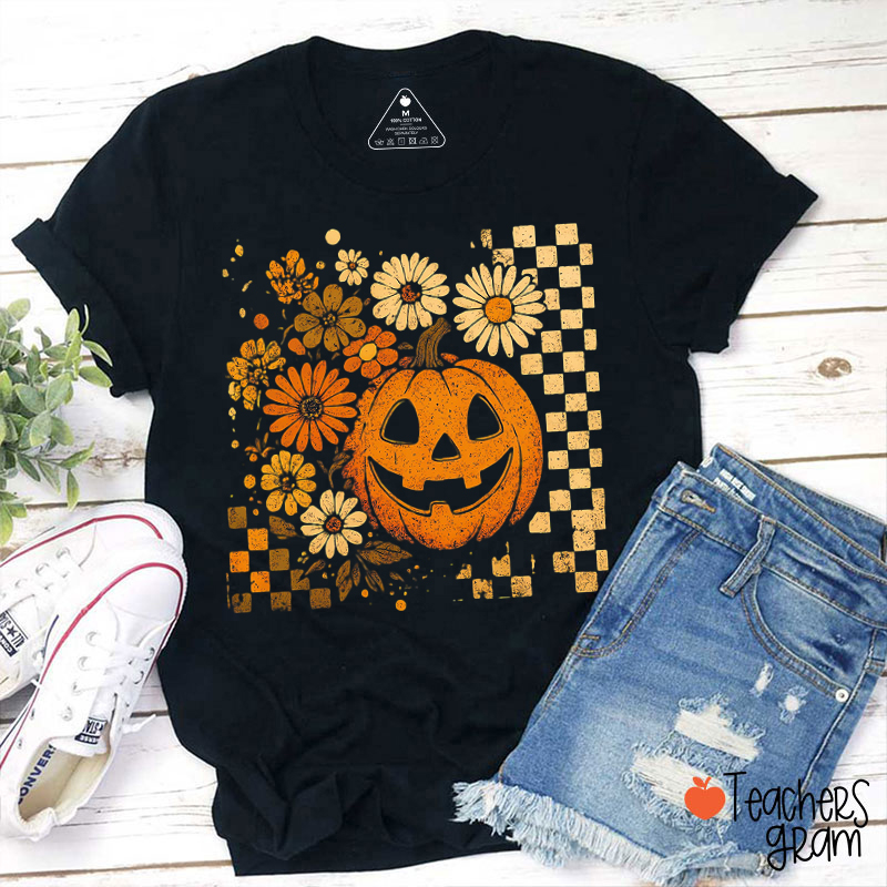 Checkered Pumpkin Teacher T-Shirt