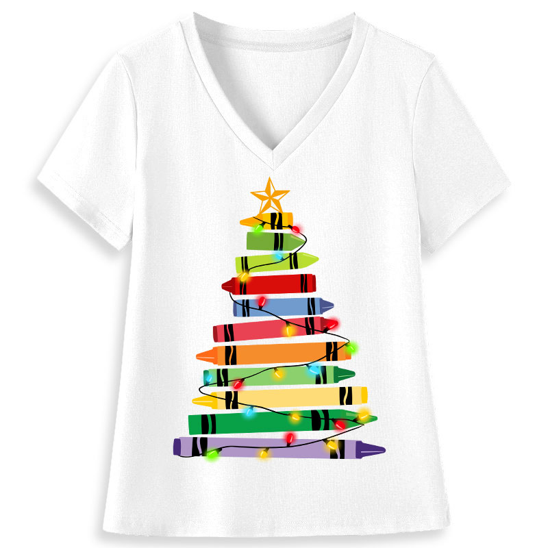 Crayons Tree Colored Lights Teacher Female V-Neck T-Shirt