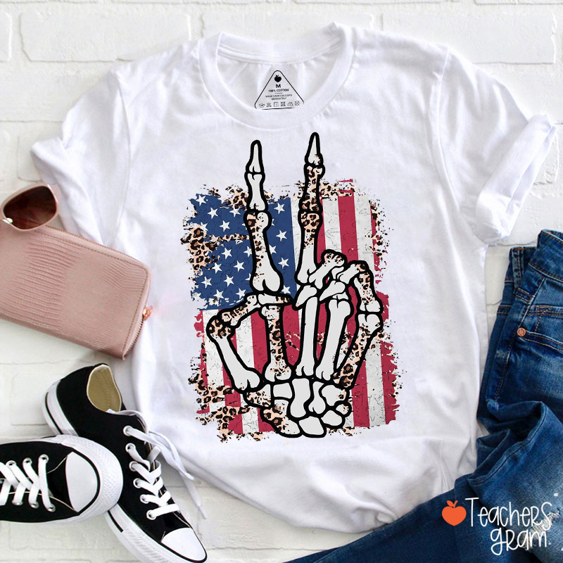 Skeleton Hand American Flag Teacher T-Shirt