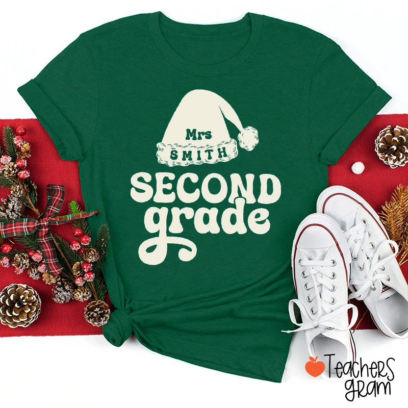 Personalized Name And Grade Santa Hat Teacher T-Shirt