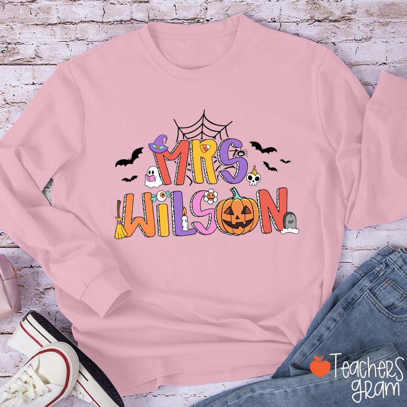 Personalized Name Spider Web Ghost Pumpkin Teacher Long Sleeve T-Shirt