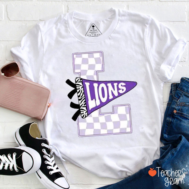 Personalized Mascot Checkered Pennant School Team Teacher T-Shirt