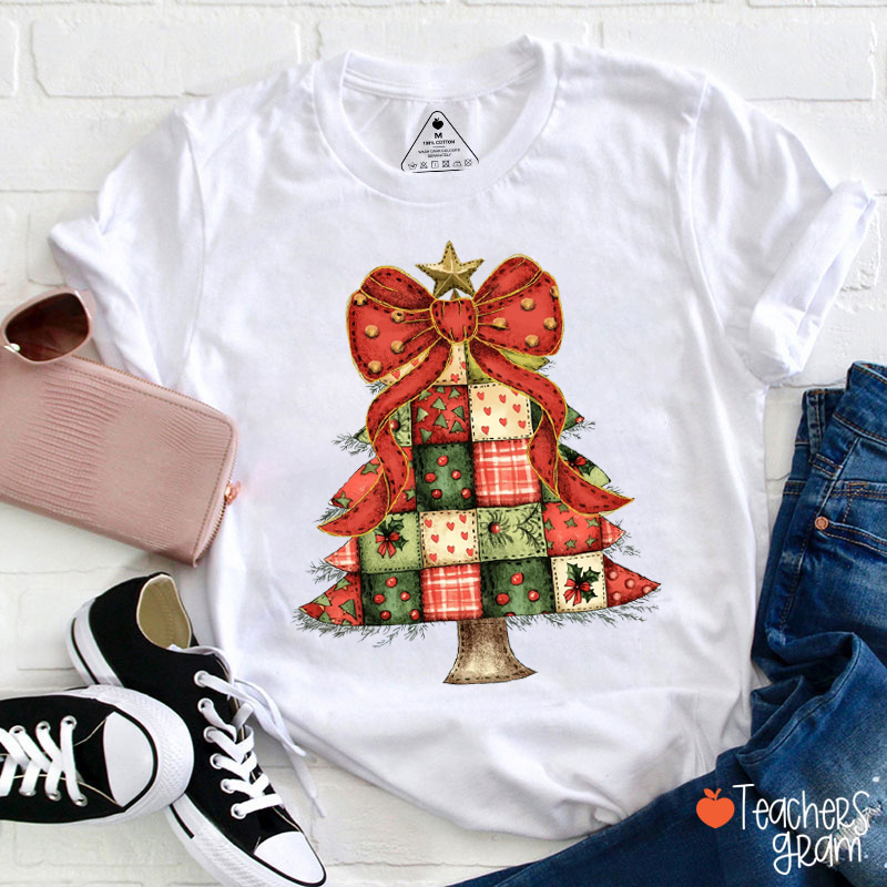 Patchwork Christmas Tree Teacher T-Shirt