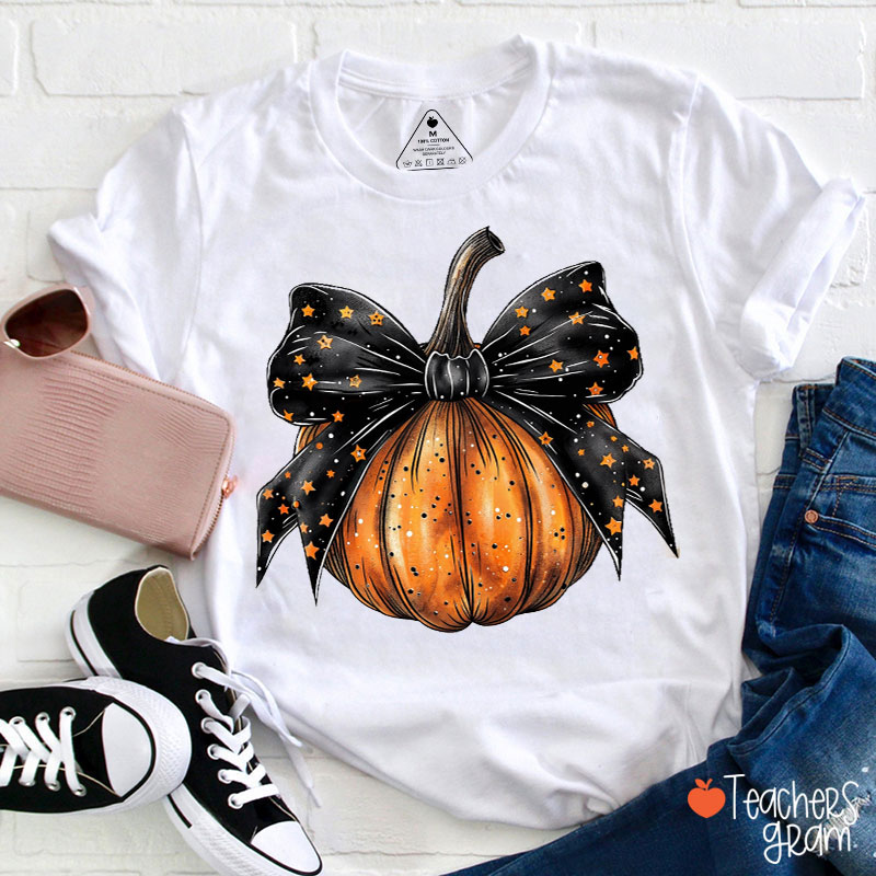 Coquette Stars Bow Pumpkin Teacher T-Shirt