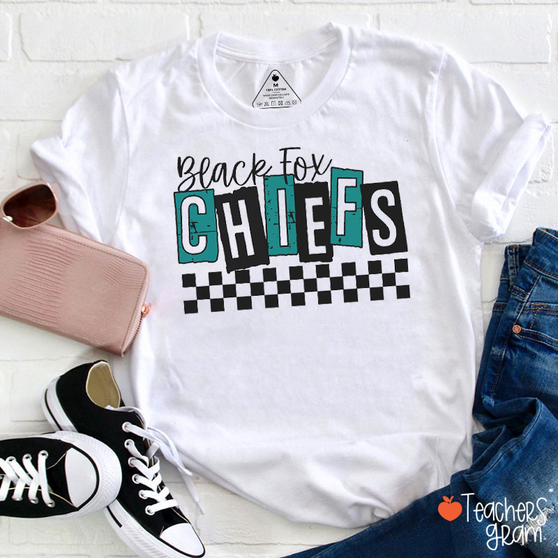 Personalized Mascot Checkered Block Letter Teacher T-Shirt