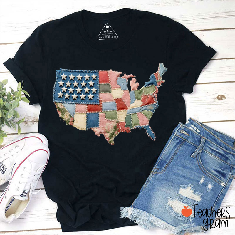 Faux Patchwork Vintage USA Map Teacher T-Shirt