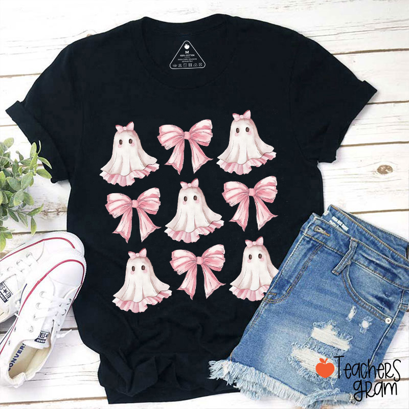 Pink Bow Ghost Halloween Teacher T-Shirt