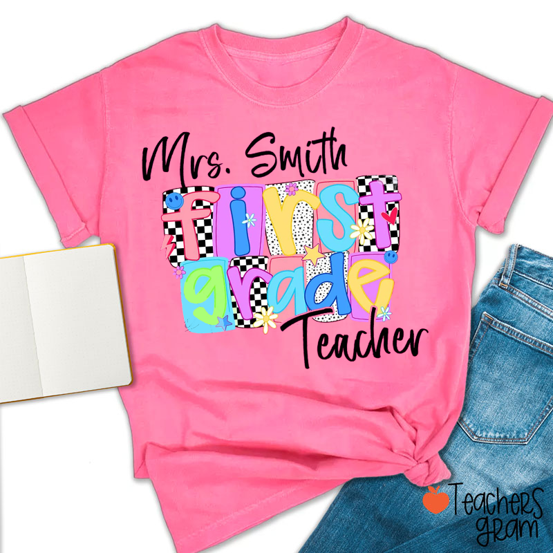 Personalized Grade Name Color Checkerboard Flowers Stars Grid Teacher T-Shirt