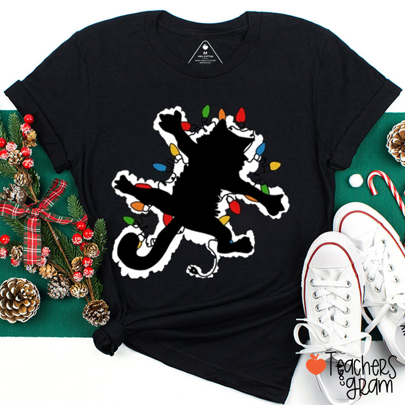 Cat Entangled In Christmas Lights Teacher T-Shirt