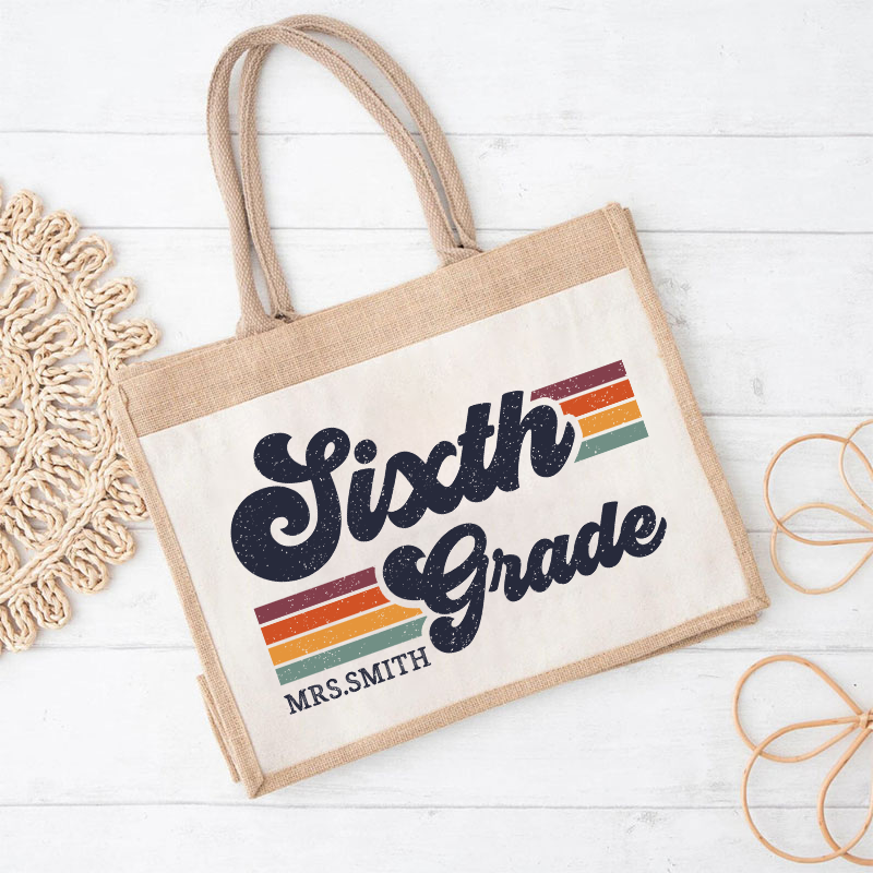 Personalized Grade And Name Retro Horizontal Stripes Teacher Jute Lunch Bag