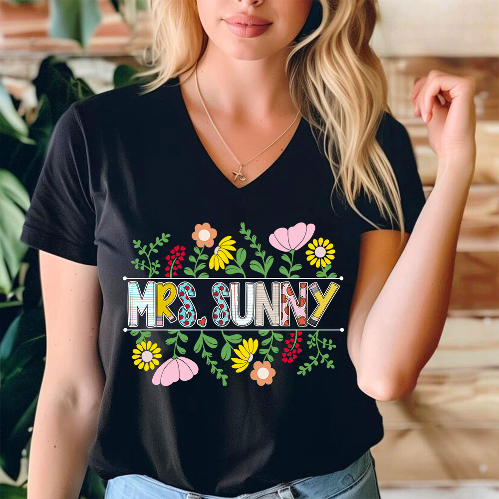 Personalized A Cluster Of Blooming Flowers Teacher Female V-Neck T-Shirt
